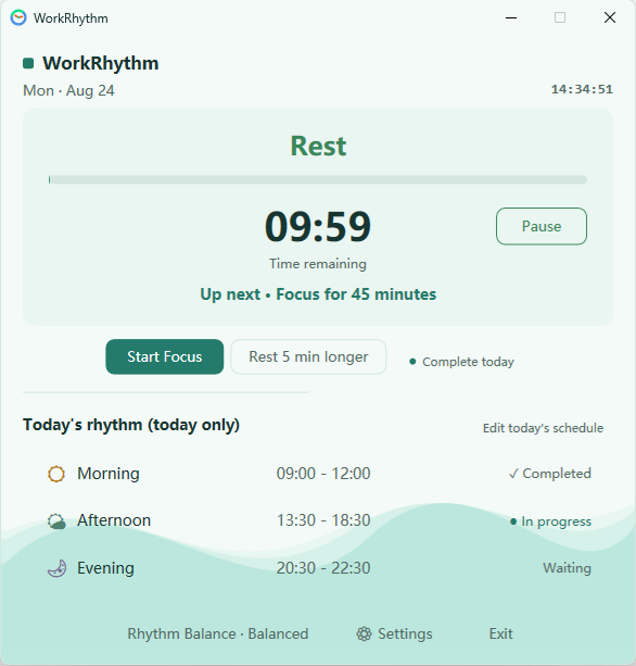 WorkRhythm showing a rest session