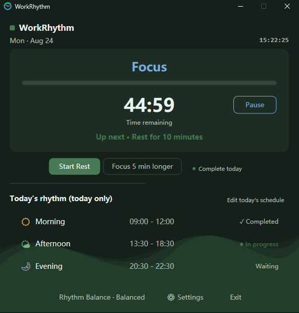 WorkRhythm Forest theme focus screen