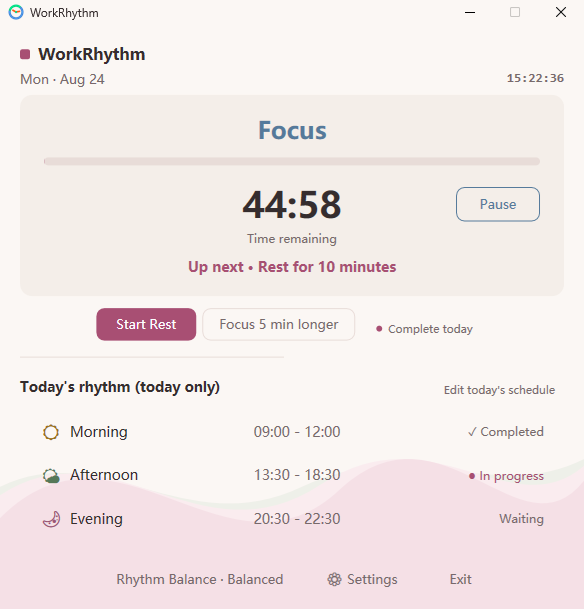 WorkRhythm Lotus theme focus screen