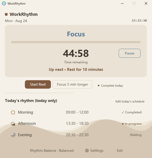 WorkRhythm Sandstone theme focus screen